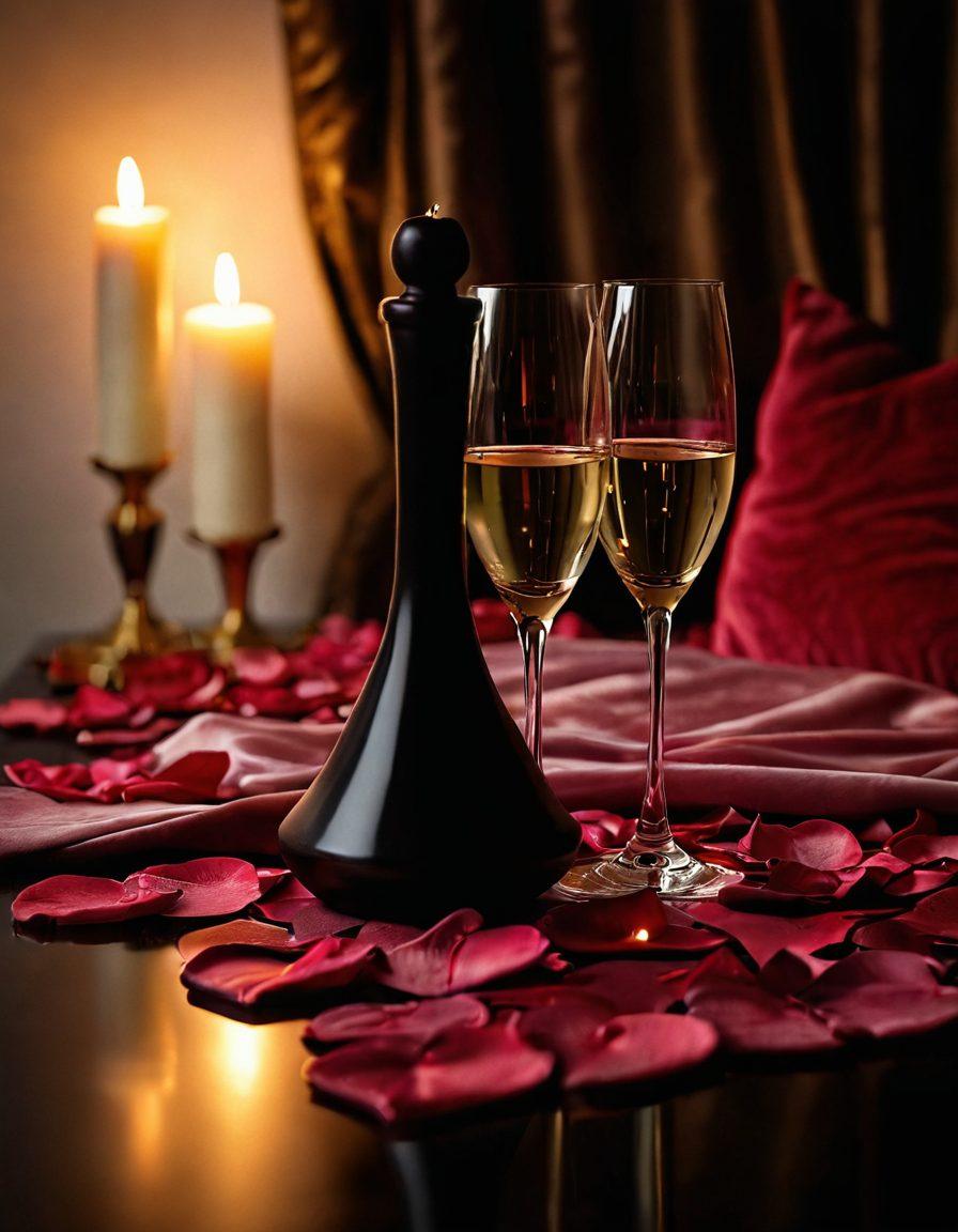 A romantic and intimate setting showcasing a beautifully arranged collection of adult toys on a plush velvet surface. Soft, warm lighting highlights the elegant craftsmanship of the toys, alongside candles and rose petals to evoke a sensual atmosphere. Include silhouettes of a couple in the background, suggesting connection and exploration. The overall mood should be inviting and tasteful, celebrating intimacy. super-realistic. soft lighting. vibrant colors.