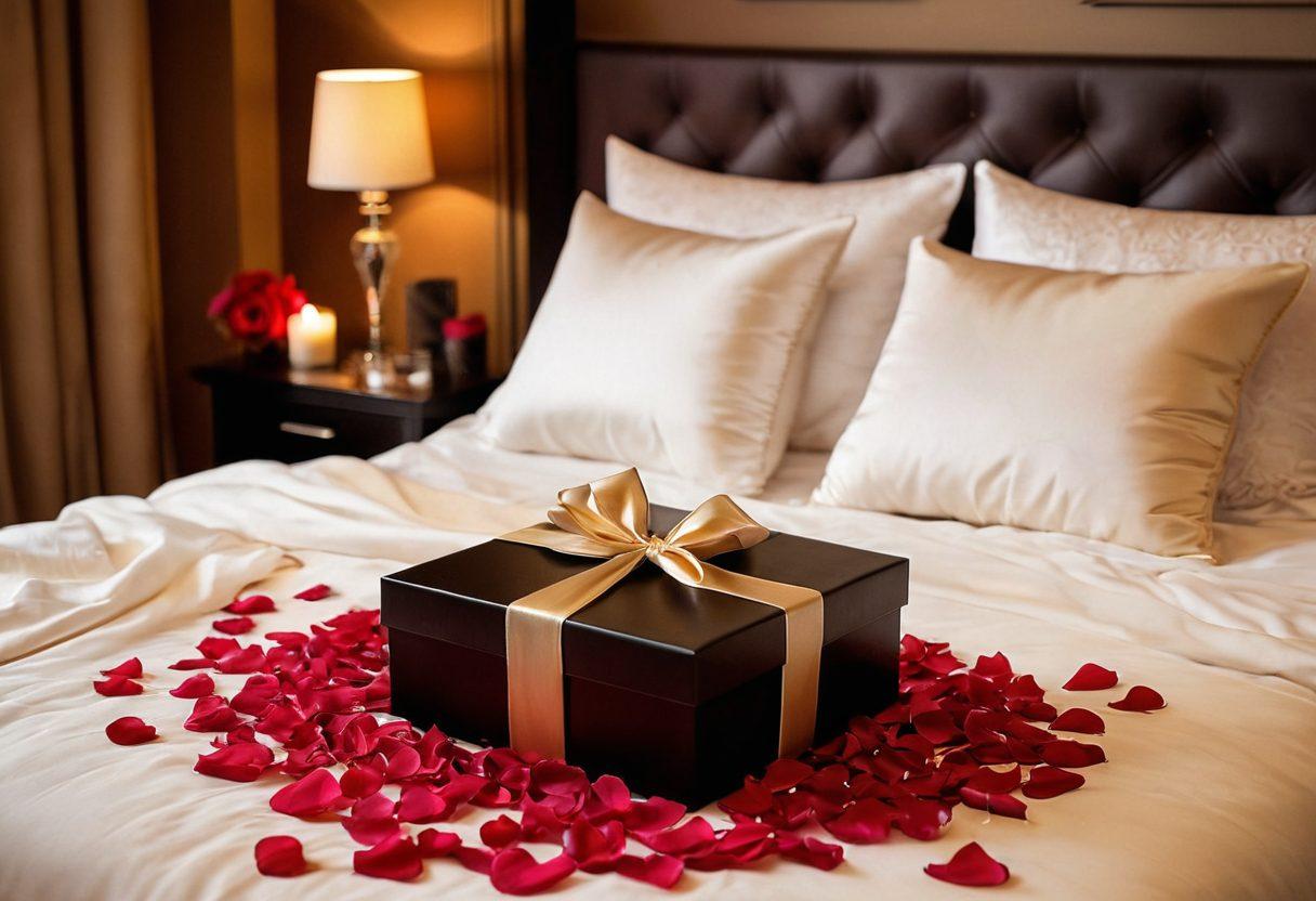 A cozy and inviting bedroom scene featuring a stylishly arranged selection of romantic toys and kinky gifts, including elegant lingerie, chic bondage items, and seductive candles. The atmosphere is warm and intimate, with soft lighting casting gentle shadows, creating an air of playful intrigue. On a plush bed, a beautifully wrapped gift box awaits its recipient, surrounded by rose petals and delicate fabric. super-realistic. warm tones. intimate setting.