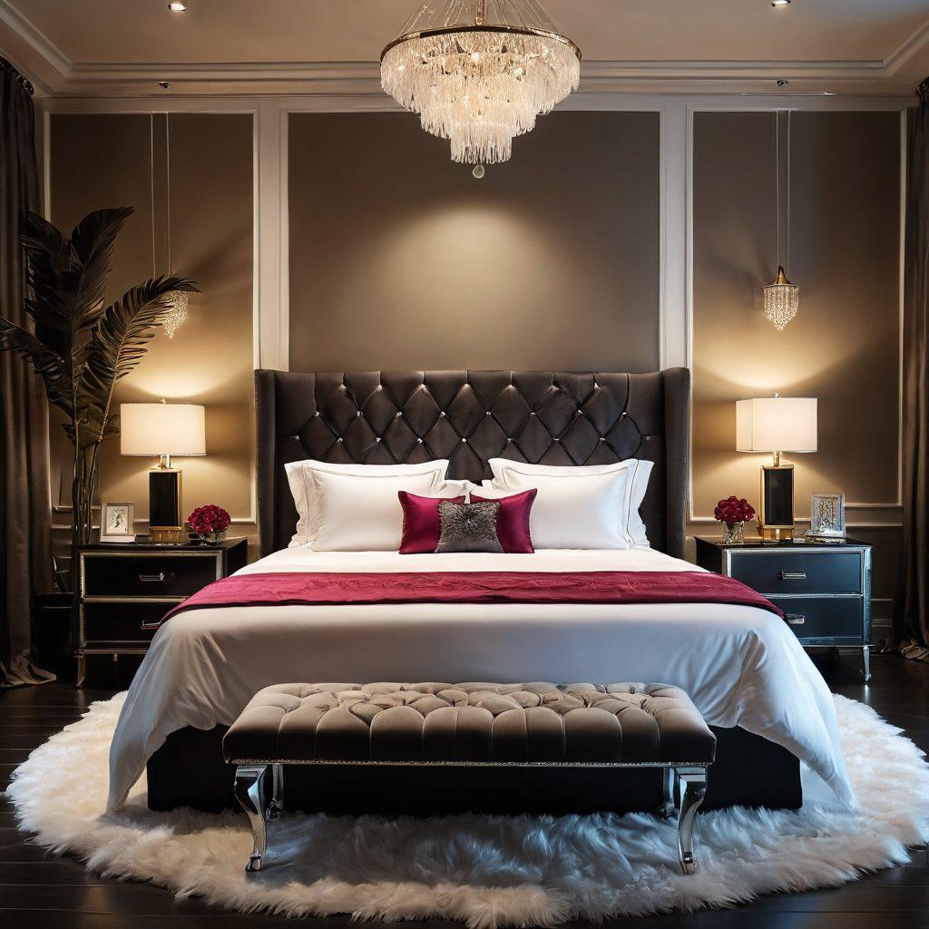 A luxurious and inviting bedroom setting with an array of elegant adult toys creatively displayed. Soft, warm lighting casts a seductive glow on silk sheets and plush cushions. Include tactile elements like feathers, satin fabrics, and glimmering accessories to evoke a sensory experience. The composition should resonate with passion and intimacy, highlighting the fun of exploration. super-realistic. vibrant colors. soft focus.
